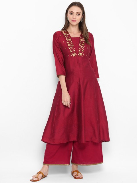 

Bhama Couture Women Maroon & Gold-Toned Embroidered Kurta with Palazzos