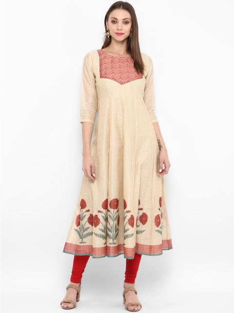 

Bhama Couture Women Beige & Red Yoke Design A-Line Kurta
