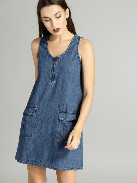 

Roadster Women Blue Solid A-Line Denim Dress