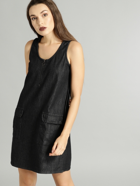 

Roadster Women Black Solid Denim A-Line Dress