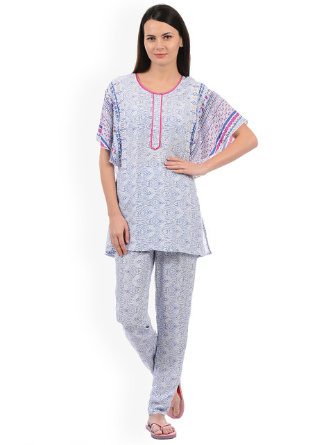

Sweet Dreams Women Navy & Off-White Printed Night Suit, Navy blue