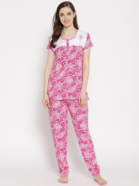 

Sweet Dreams Women Pink & White Printed Night Suit with Embroidery