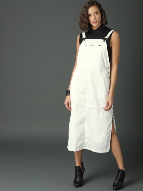 

Roadster Women White Solid Pinafore Dress