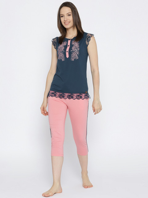 

MADAME M SECRET Women Navy Blue & Pink Printed Night Suit S8S30044 026