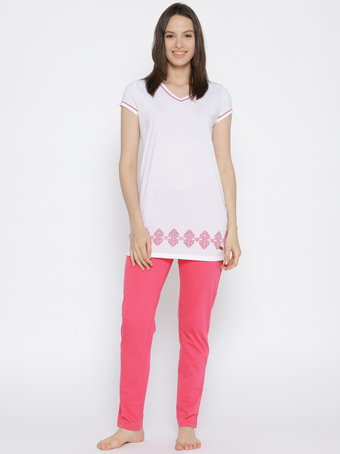 

MADAME M SECRET Women White & Pink Printed Night Suit S8S30172 1