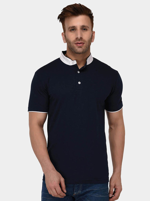 

The Dry State Men Navy Blue Solid Mandarin Collar T-shirt
