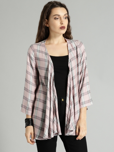 

Roadster Grey & Peach-Coloured Checked Open Front Shrug