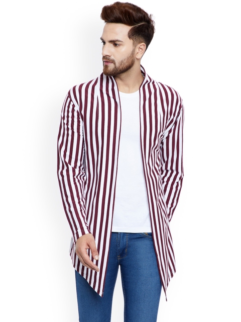 

CHILL WINSTON Men Maroon & White Striped Open Front Shrug