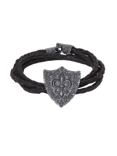 

Dare by Voylla Men Black & Silver-Toned Leather Rhodium-Plated Handcrafted Wraparound Bracelet