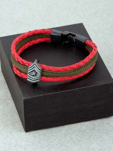 

Dare by Voylla Men Coral & Green Leather Rhodium-Plated Handcrafted Wraparound Bracelet