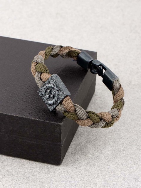 

Dare by Voylla Men Green & Beige Fabric Rhodium-Plated Handcrafted Wraparound Bracelet