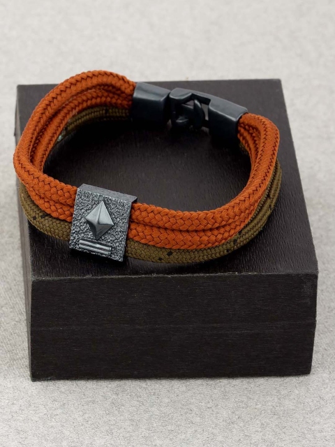 

Dare by Voylla Men Rust & Olive Green Fabric Rhodium-Plated Handcrafted Wraparound Bracelet
