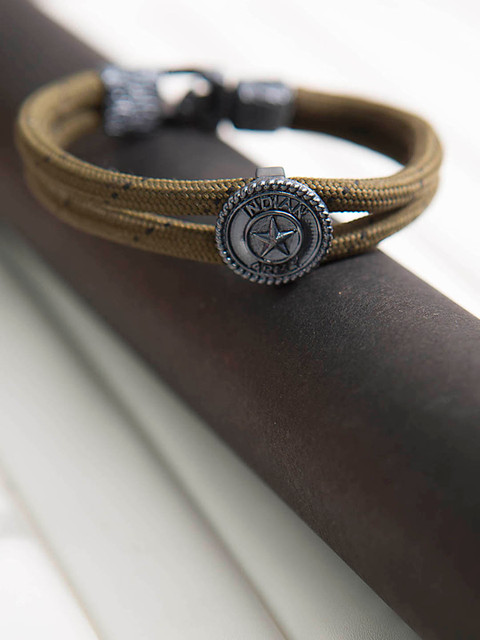 

Dare by Voylla Men Olive Green & Silver-Toned Fabric Rhodium-Plated Handcrafted Wraparound Bracelet