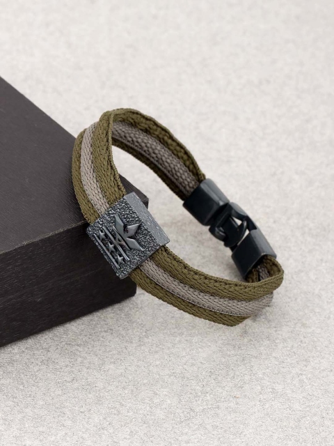 

Dare by Voylla Men Green & Grey Fabric Rhodium-Plated Handcrafted Wraparound Bracelet
