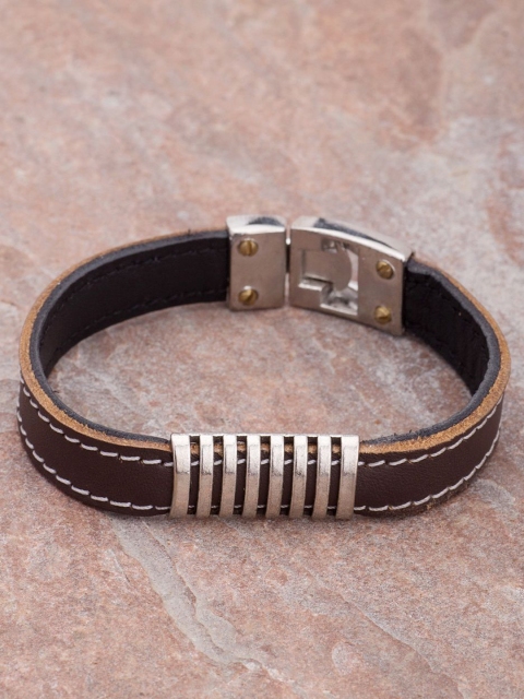 

Dare by Voylla Men Brown & Silver-Toned Brass Silver-Plated Handcrafted Wraparound Bracelet