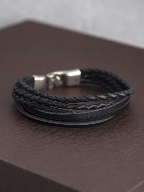 

Dare by Voylla Black Leather Silver-Plated Handcrafted Wraparound Bracelet