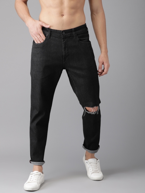 

HERE&NOW Men Black Tapered Fit Mid-Rise Slash Knee Stretchable Jeans