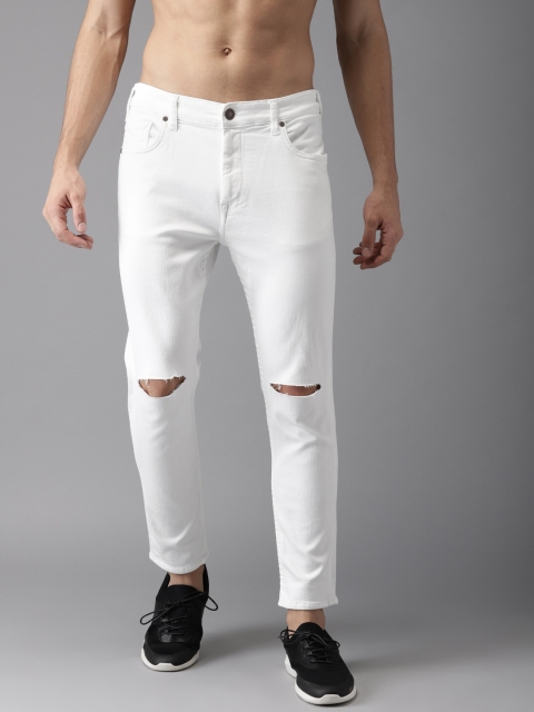 

HERE&NOW Men White Tapered Fit Mid-Rise Cropped Slash Knee Stretchable Jeans