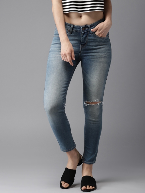 

HERE&NOW Women Blue Ankle Skinny Fit Mid-Rise Slash Knee Stretchable Cropped Jeans