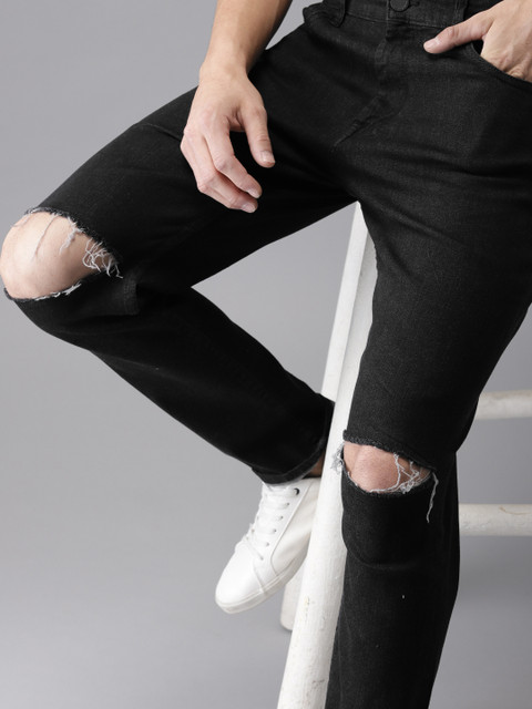 

HERE&NOW Men Black Slim Fit Mid-Rise Cropped Slash Knee Stretchable Jeans