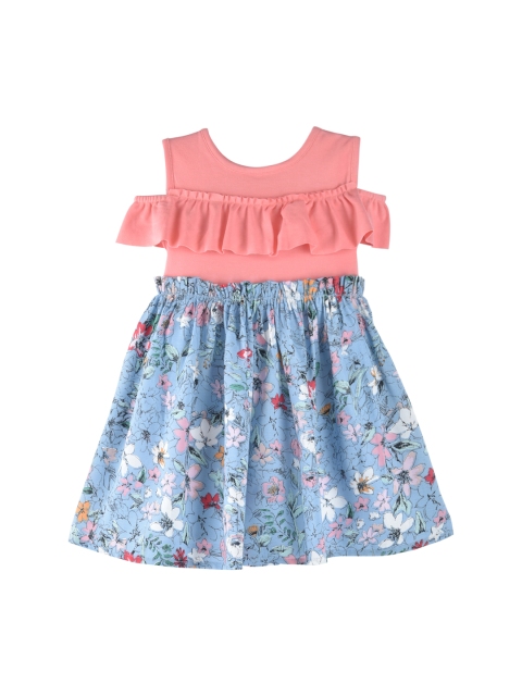 

K&U Girls Peach-Coloured Printed Fit and Flare Dress