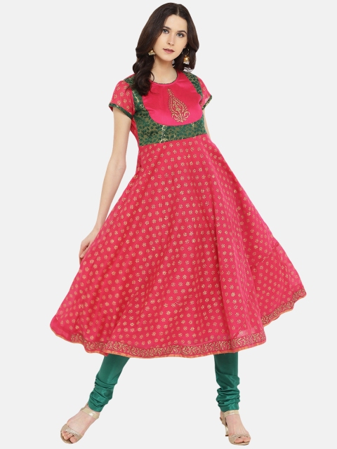 

Shakumbhari Women Pink & Green Printed A-Line Kurta