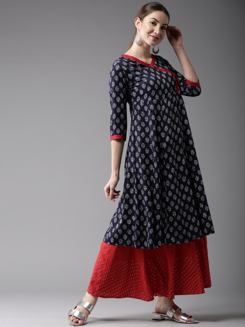 

HERE&NOW Women Navy Blue & White Printed Angrakha A-Line Kurta