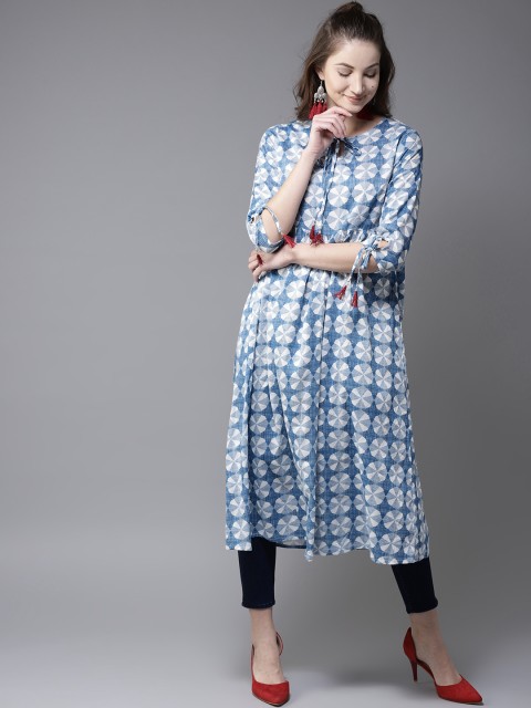 

HERE&NOW Women Blue & White Printed A-Line Kurta