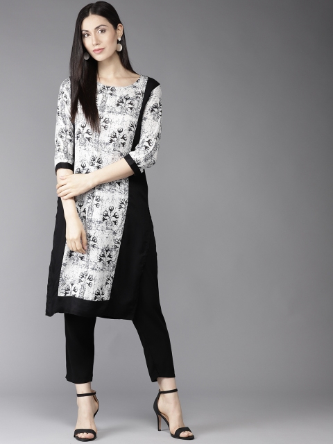 

HERE&NOW Women Black & White Printed Straight Kurta