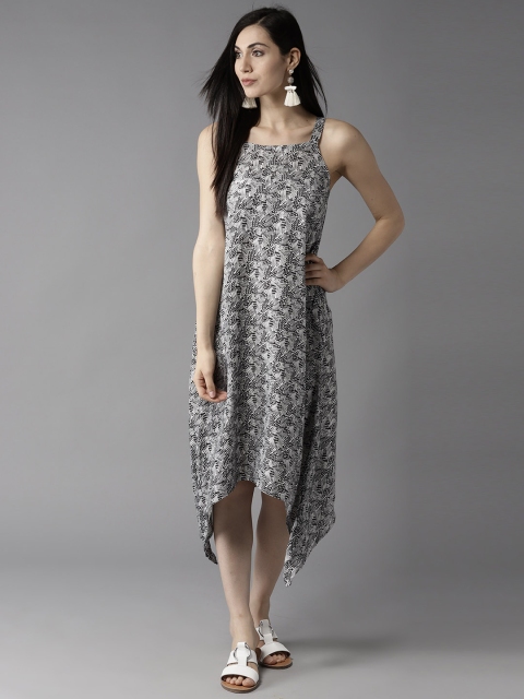 

HERE&NOW Women Black & Off-White Printed Midi A-Line Dress