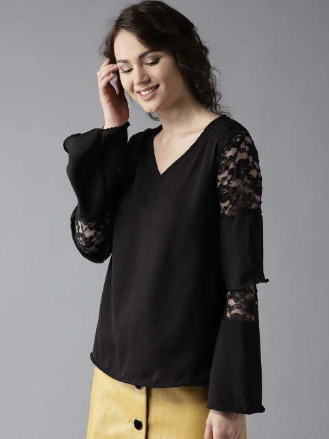 

HERE&NOW Women Black Solid Top with Lace Detail