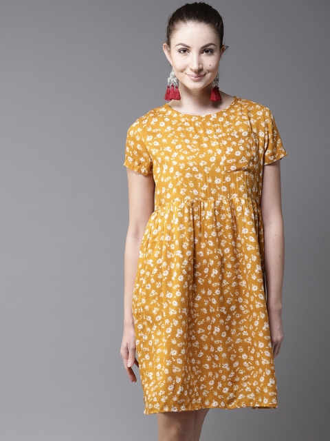 

Moda Rapido Women Mustard Yellow Floral Printed Fit & Flare Dress