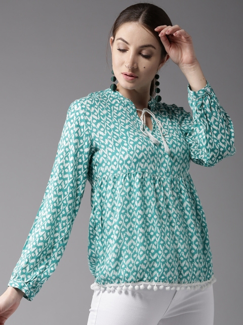 

Moda Rapido Women Teal Blue & White Printed Empire Top
