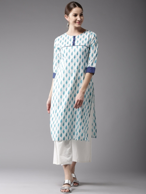

Moda Rapido Women White & Blue Printed Straight Kurta