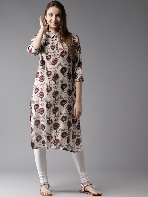 

Moda Rapido Women Grey & Burgundy Printed Straight Kurta