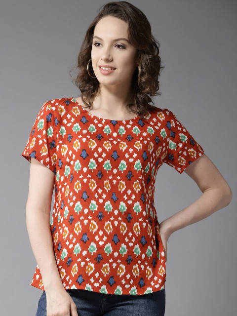 

Moda Rapido Women Rust Red Ethnic Print Top