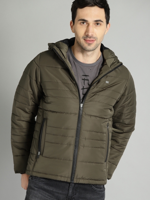 

Roadster Men Olive Green Solid Hooded Padded Jacket