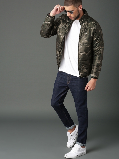 

Roadster Men Olive Green Camouflage-Printed Puffer Jacket