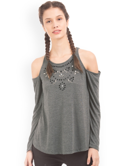 

Ed Hardy Women Charcoal Embellished A-Line Top
