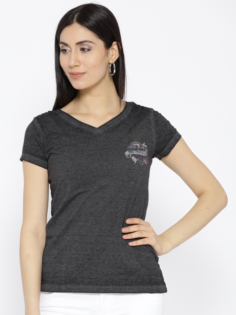 

Ed Hardy Women Charcoal Grey Solid V-Neck T-shirt