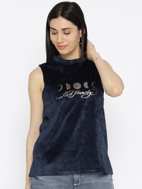 

Ed Hardy Women Navy Blue Velvet Finish Printed Top