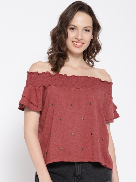 

Ed Hardy Women Rust Red Solid Bardot Top