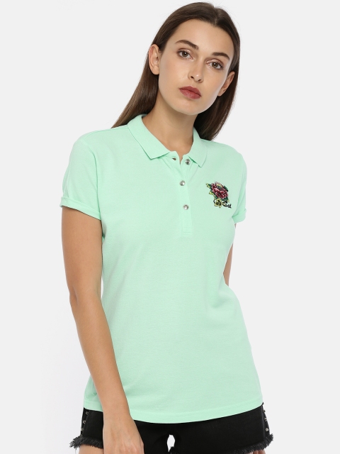 

Ed Hardy Women Green Solid Polo Collar T-shirt