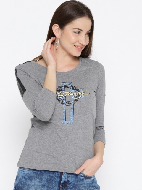 

Ed Hardy Women Grey Printed Round Neck T-shirt