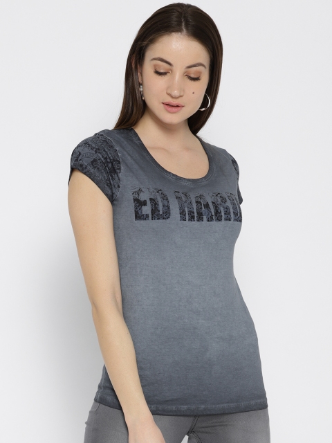 

Ed Hardy Women Grey Printed Round Neck T-shirt