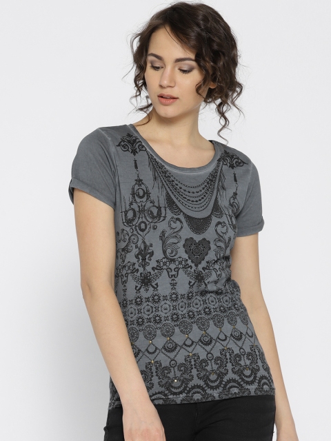 

Ed Hardy Women Grey Printed Styled Back Pure Cotton Top