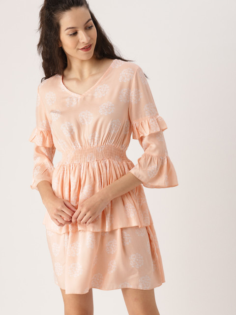 

DressBerry Women Peach-Coloured Printed A-Line Dress