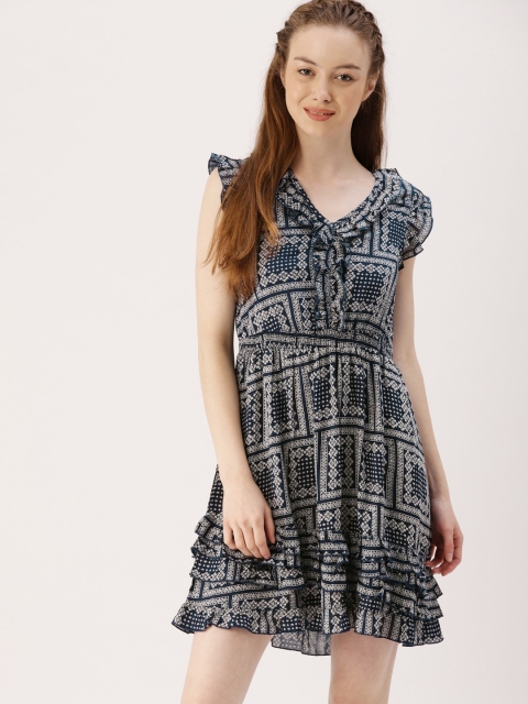 

DressBerry Women Navy Blue Printed Fit and Flare Dress