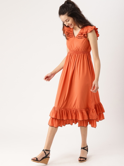 

DressBerry Women Rust Orange Solid Ruffled Midi A-Line Dress