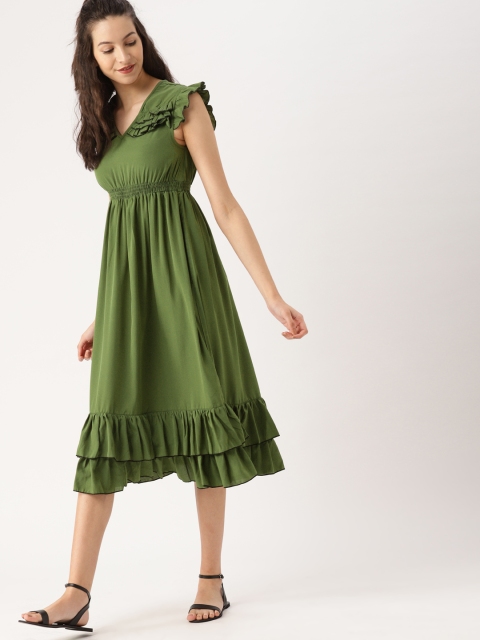 

DressBerry Women Olive Green Solid Midi Dress